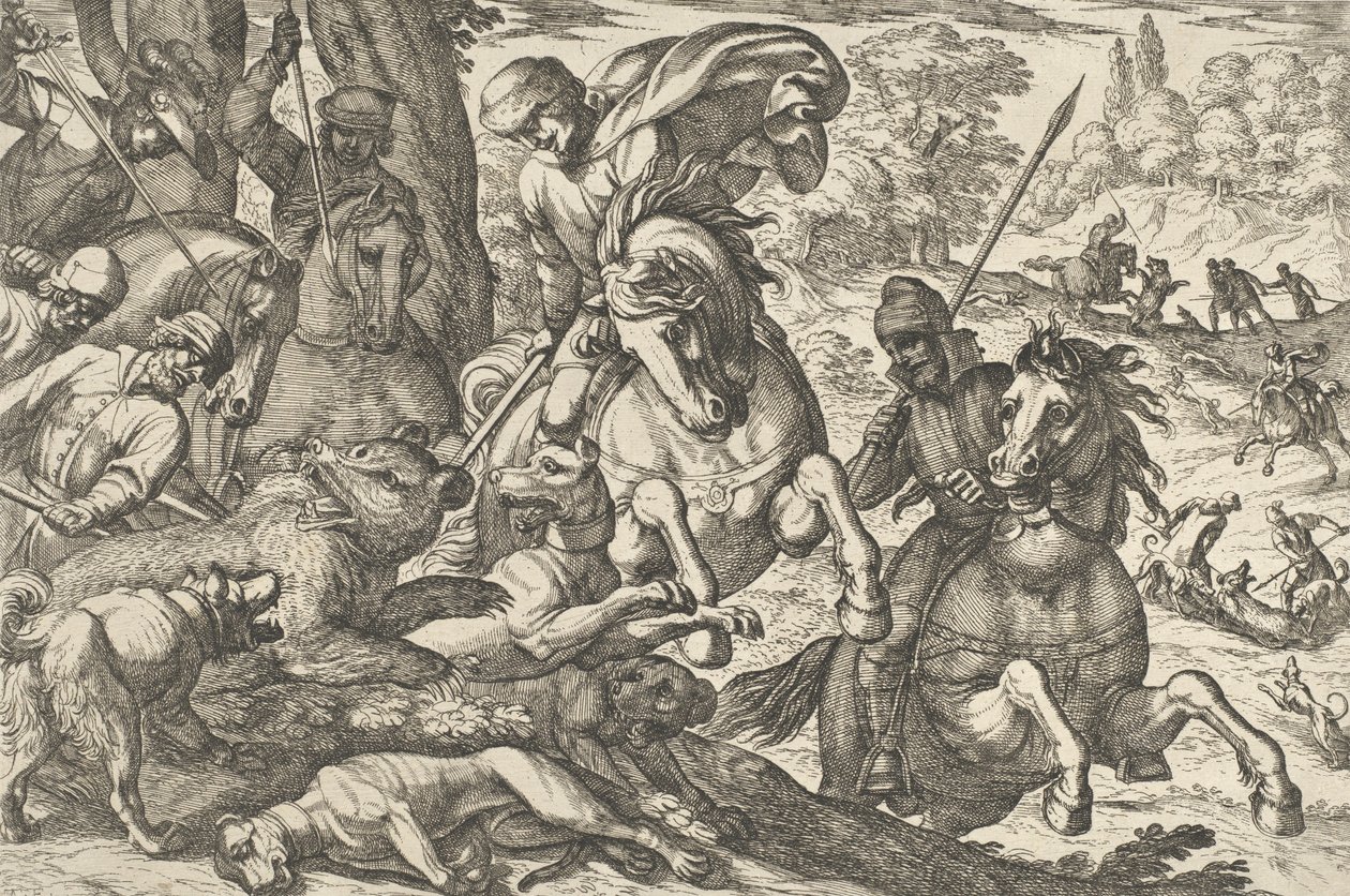 Bear Hunt, elokuvasta "Hunting Scenes VI", 1609. tekijältä Antonio Tempesta