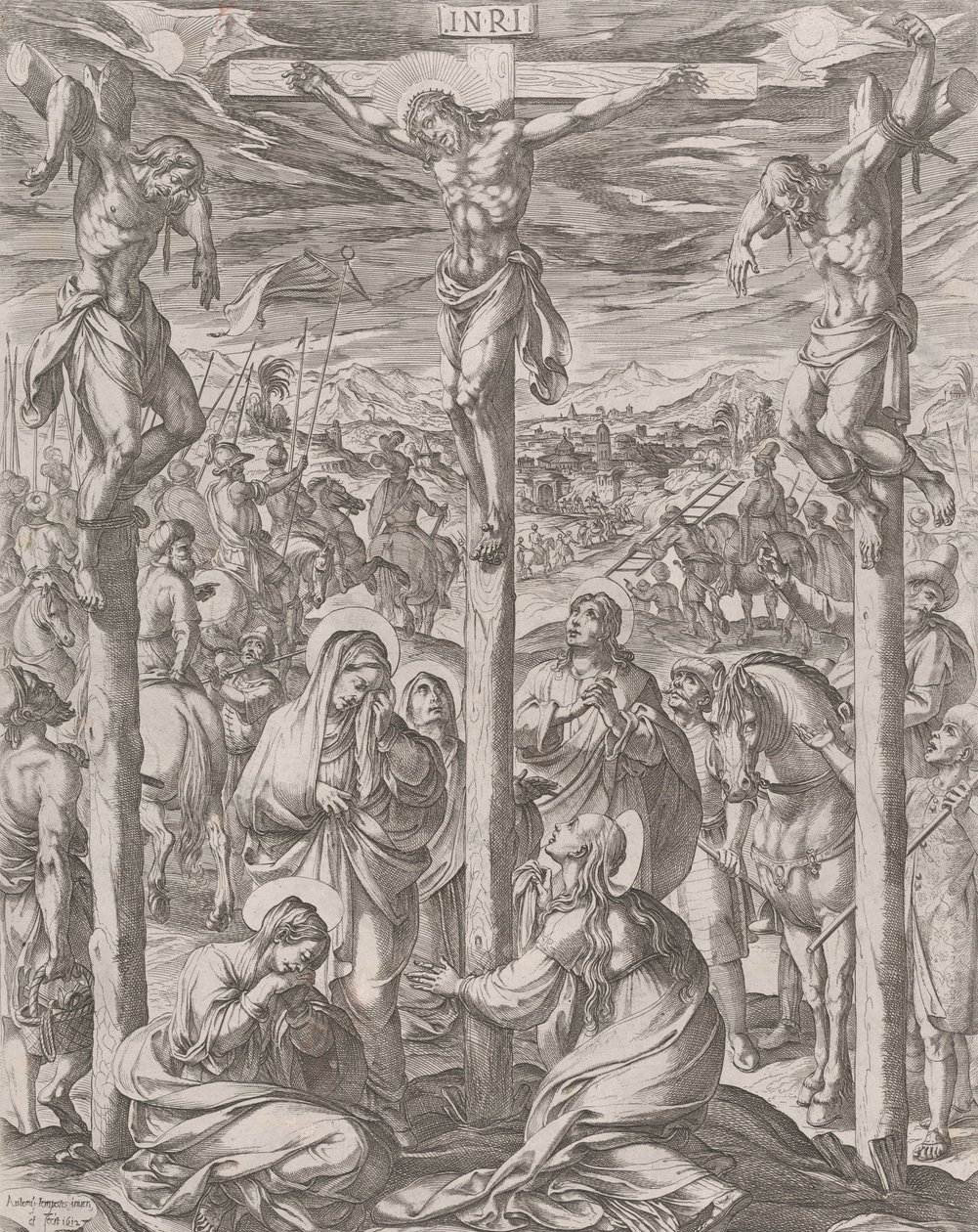Kristus ristiinnaulittiin kahden varkaan, kolmen Marian, väliin ristin juurella, 1612. tekijältä Antonio Tempesta