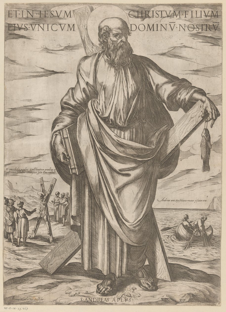 Pyhästä Andreasta Ja Jeesuksessa Kristuksessa, hänen ainoassa pojassaan, meidän Herrassamme (otsikko esineessä) Kristus, Maria en de apostle (sarjan nimi) tekijältä Antonio Tempesta