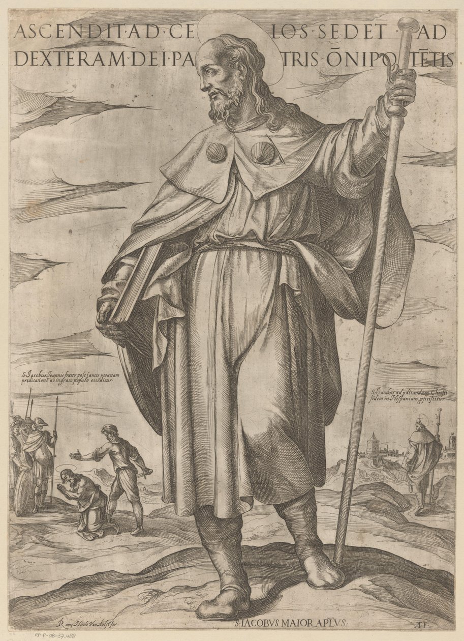 De heilige Jakobus de Meerdere Hän, joka nousi taivaaseen, istuu Isä Kaikkivaltiaan oikealla puolella (otsikko esineessä) Kristus, Maria en de apostle (sarjan nimi) tekijältä Antonio Tempesta