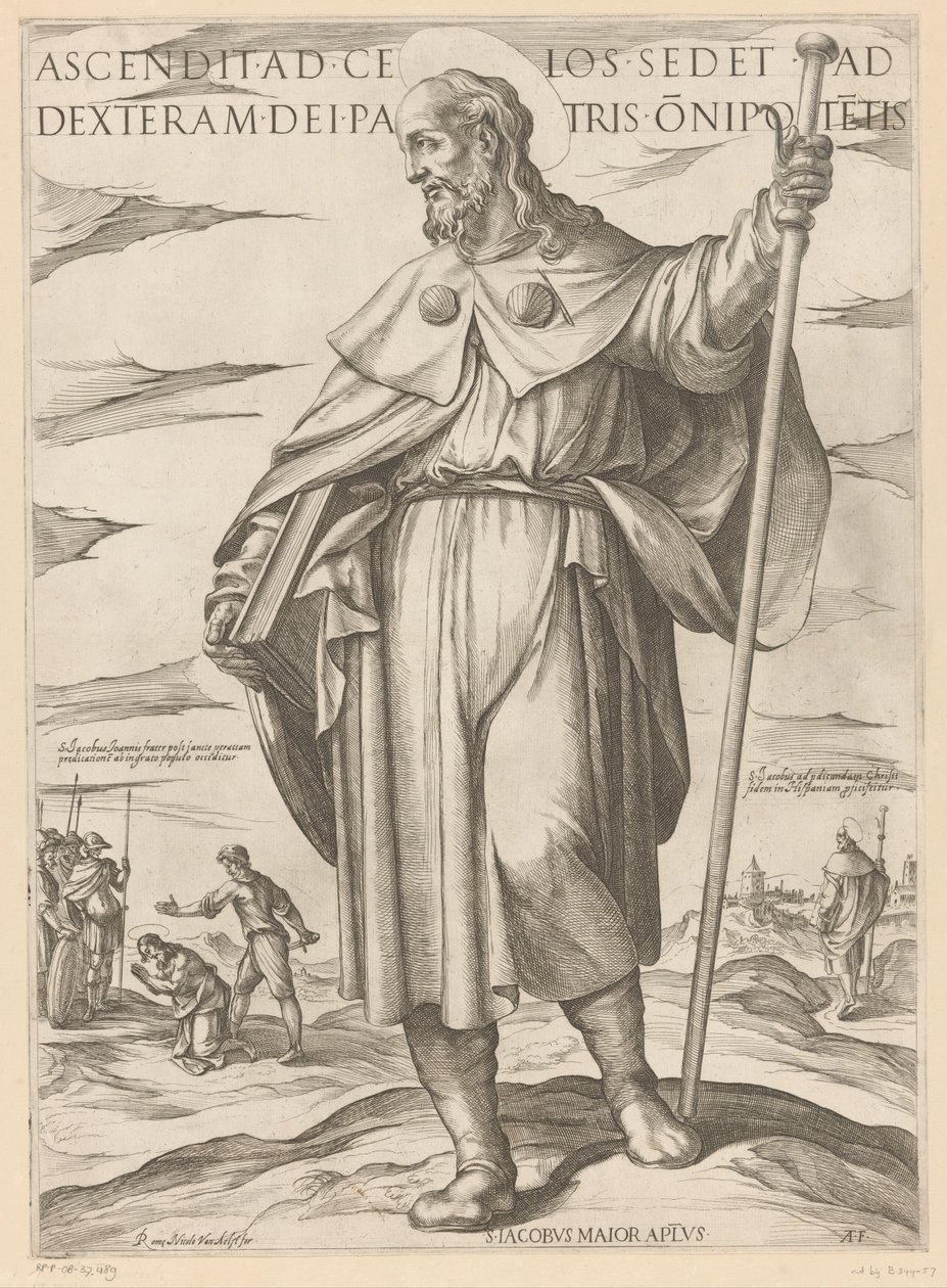 De heilige Jakobus de Meerdere Hän, joka nousi taivaaseen, istuu Isä Kaikkivaltiaan oikealla puolella (otsikko esineessä) Kristus, Maria en de apostle (sarjan nimi) tekijältä Antonio Tempesta