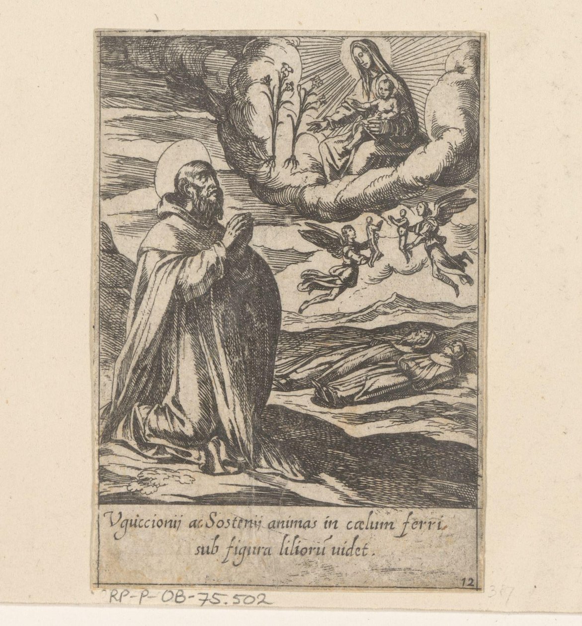 De heilige Philippus bidt voor de zielen van twee broeders Het Leven van Philippus Benitius (sarjan nimi) B. Philippi Benicius Florentin elämä. ord. B. Marian Neitsyt palvelija (sarjan nimi) tekijältä Antonio Tempesta