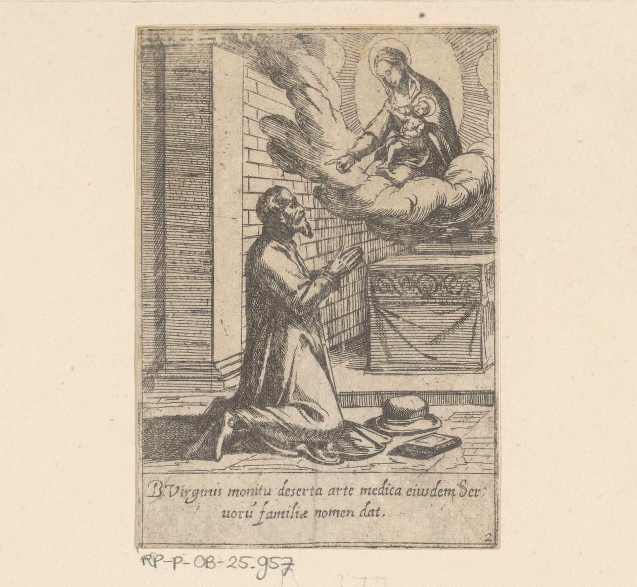 De heilige Philippus plaast zich onder de hoede van Maagd Maria Het Leven van Philippus Benitius (sarjan nimi) B. Philippi Benicius Florentin elämä. ord. B. Marian Neitsyt palvelija (sarjan nimi) tekijältä Antonio Tempesta