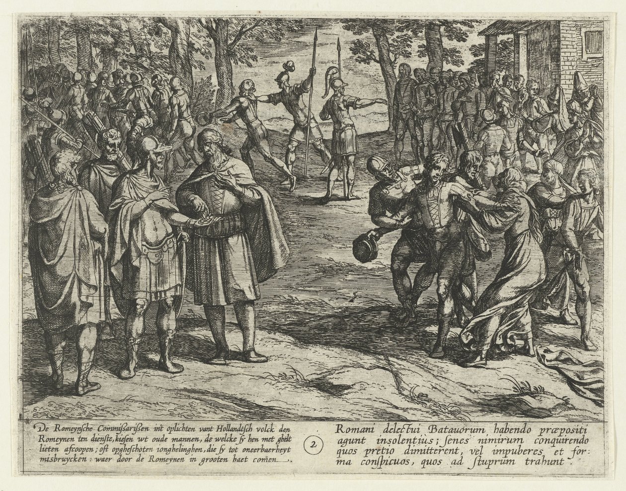 Vanhat Batavian miehet ostavat palveluksensa roomalaisille, 69-70 The Batavian Revolt (sarjan nimi) Batavorum cum Romanis Bellum, maissi. Tacito / The Batavian Oft Oude Hollandtsche Krijghe teghen de Romeynen (sarjan nimi esineellä) tekijältä Antonio Tempesta