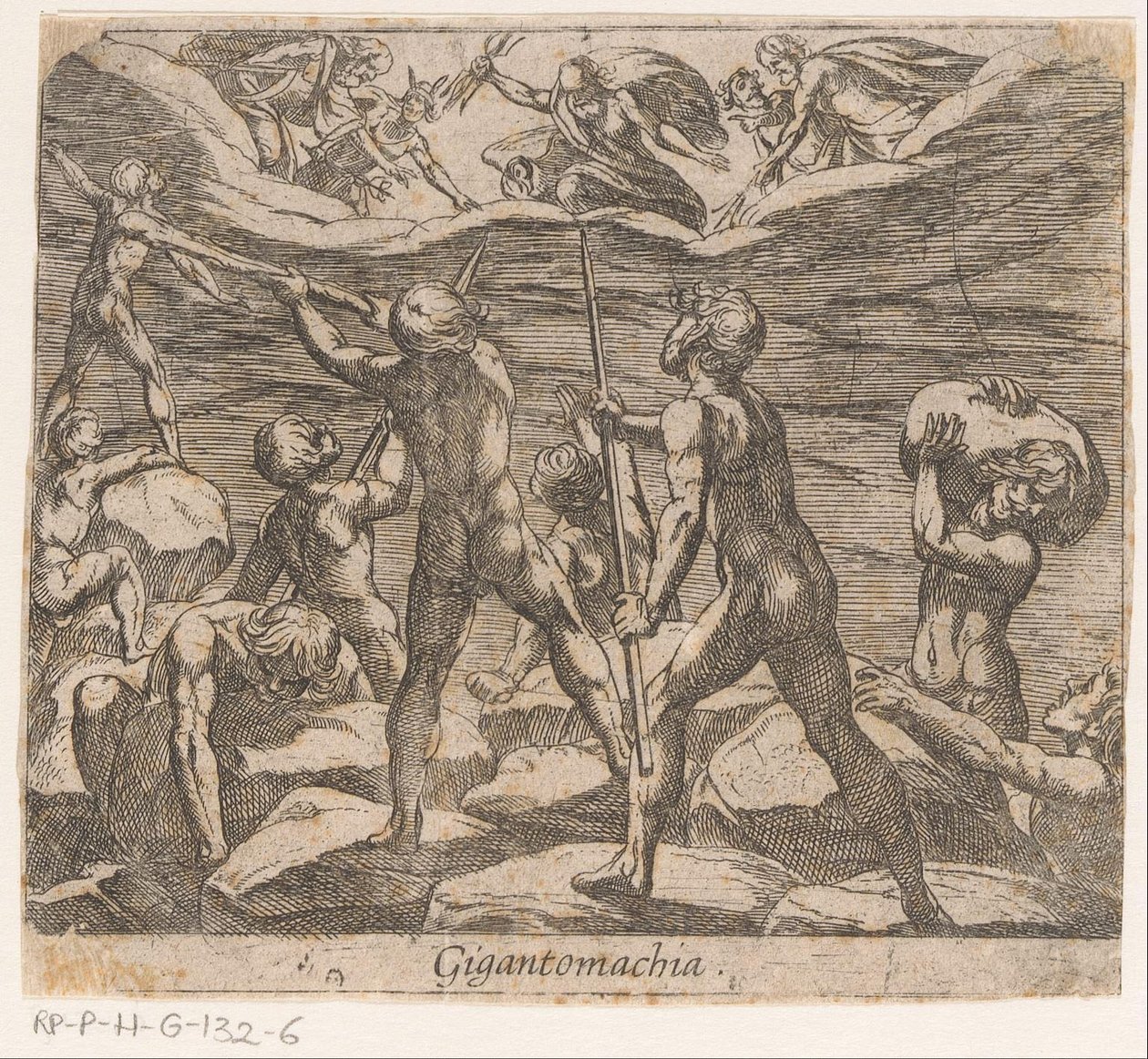 Jättiläiset yrittävät hyökätä Olympukseen Gigantomachia (otsikko esineessä) Metamorphoseon sive transformationum (sarjan nimi) Metamorphoses of Ovid (sarjan nimi) tekijältä Antonio Tempesta