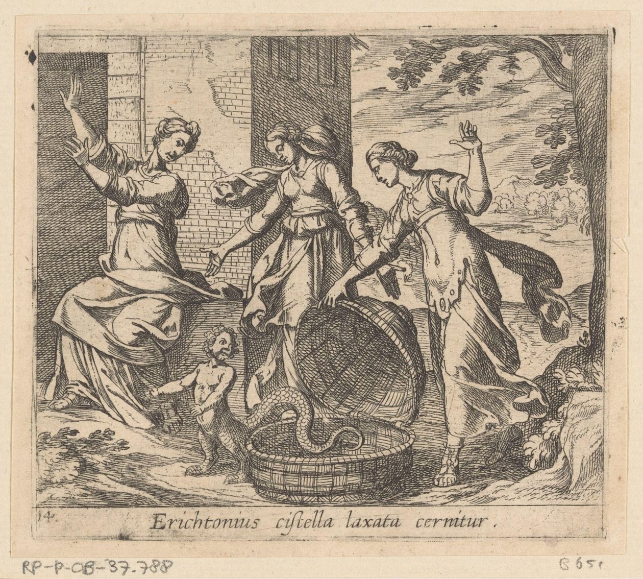 Erichthonius uit zijn mand gelaten Erichthonius nähdään löysällä korilla (otsikko esineessä) Metamorfoosi tai muunnokset (sarjan nimi) Metamorfosen van Ovidius (sarjan nimi) tekijältä Antonio Tempesta