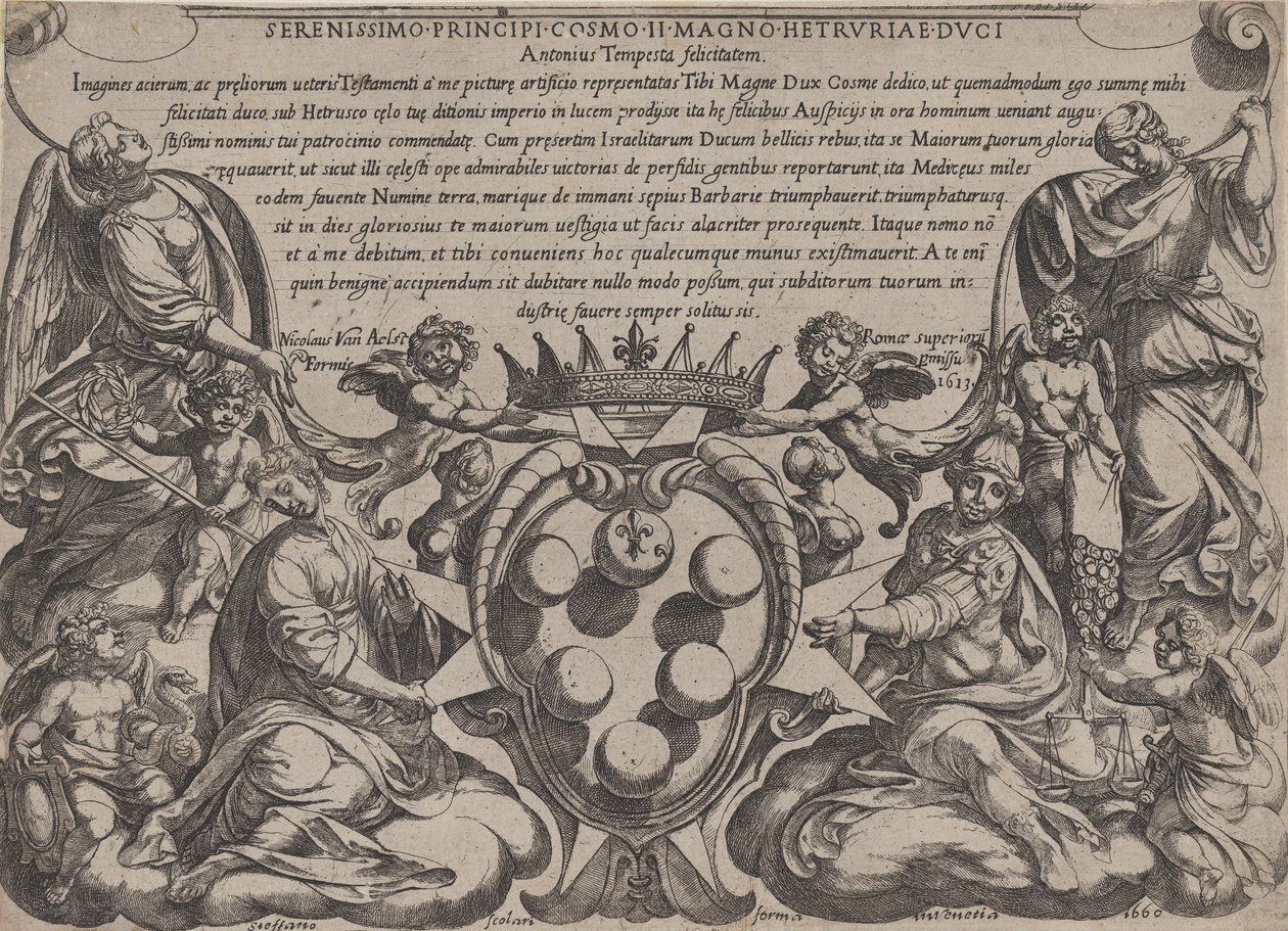 "Vanhan testamentin taistelujen" etukappale Medicin käsivarsilla, jonka kruunasi ..., 1660. tekijältä Antonio Tempesta