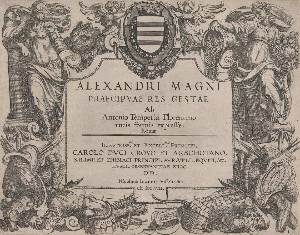 Aleksanteri Suuren elämän edessä, vasemmalla Bellona ja oikealla nainen ..., 1608. tekijältä Antonio Tempesta