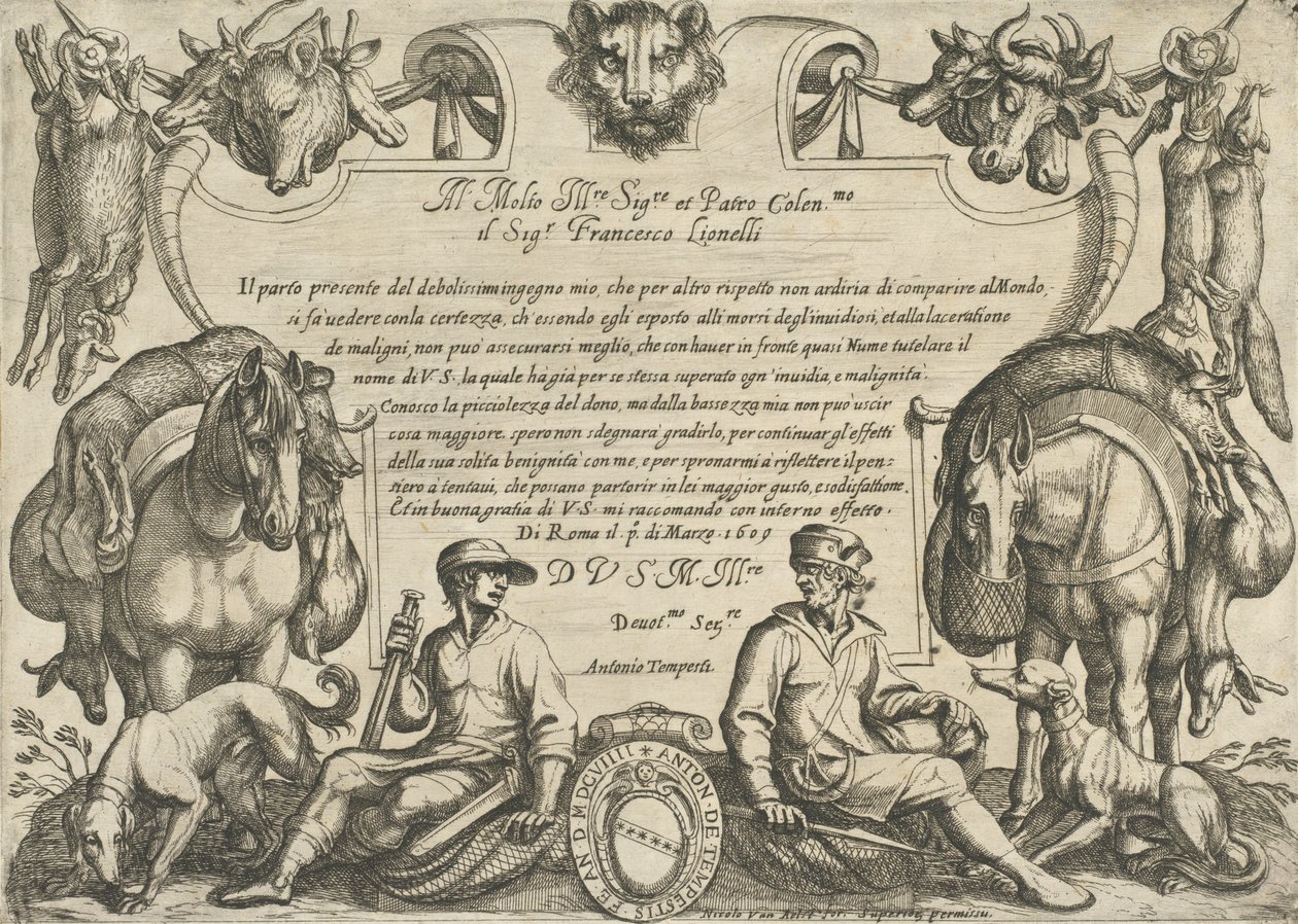 Etukappale, jossa on metsästäjiä, koiria ja hevosia, elokuvasta "Hunting Scenes VI", 1609. tekijältä Antonio Tempesta