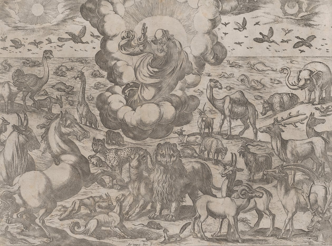 Jumala luo eläimiä, n. 1590-1630. tekijältä Antonio Tempesta