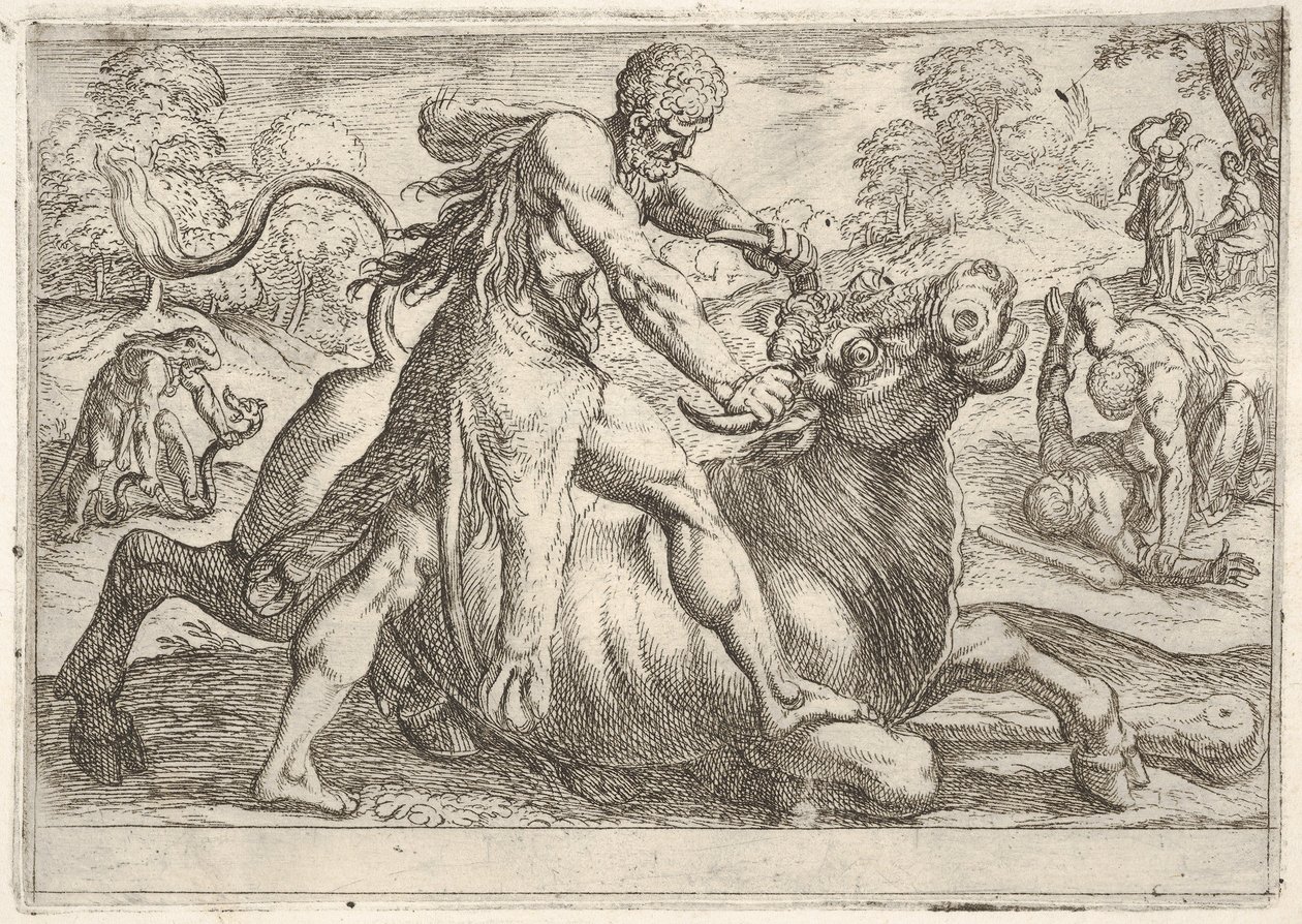 Hercules ja Achelous: keskellä Herkules tarttuu härän sarviin painaessaan ri..., 1608. tekijältä Antonio Tempesta