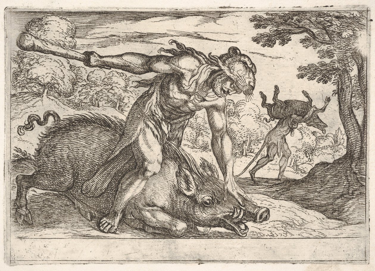 Herkules ja Erymanthuksen karju: Herkules pitää karjujen kuonoa alhaalla vasemmalla ha..., 1608. tekijältä Antonio Tempesta