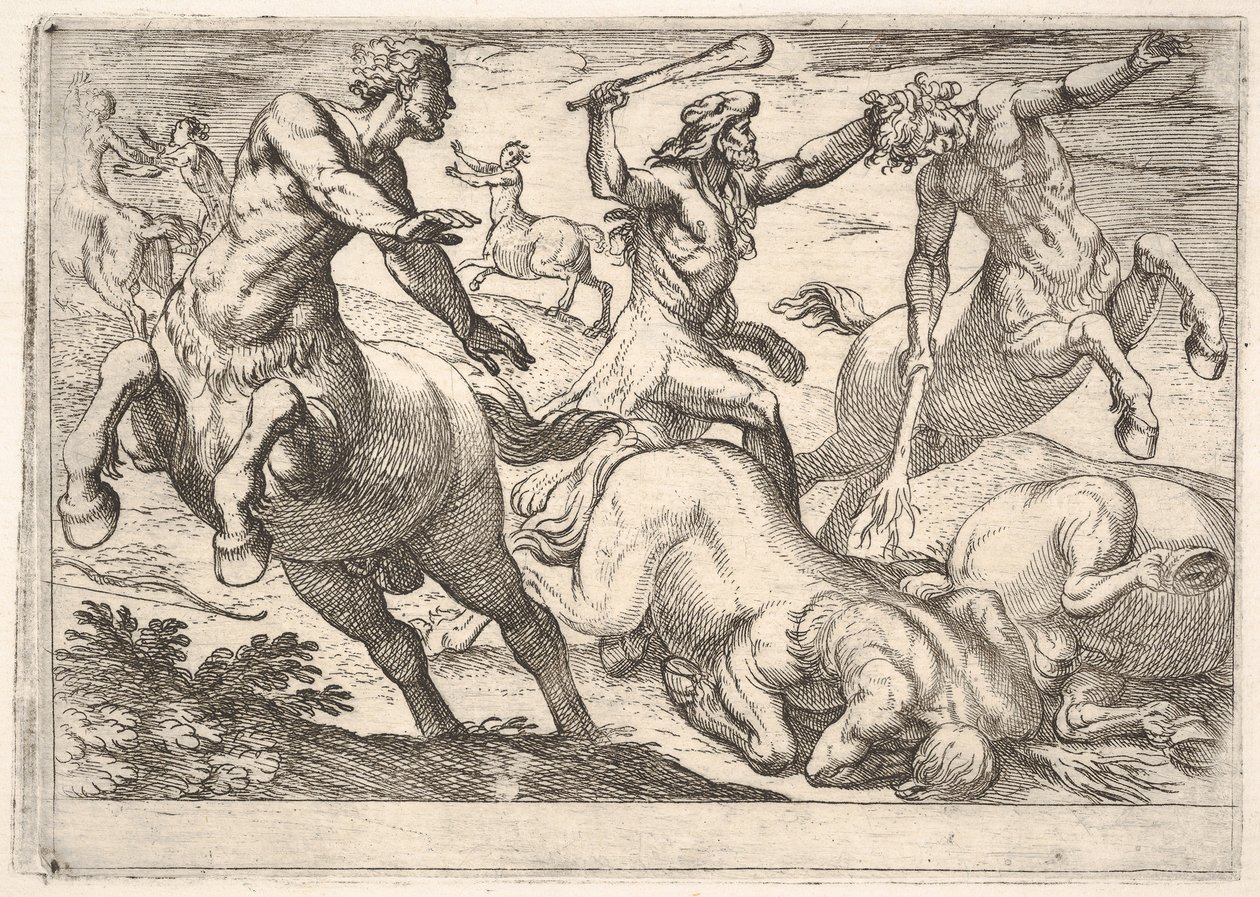 Hercules and the Kentaurs: Hercules pitää kentaurin päätä vasemmalla kädellä ja rai..., 1608. tekijältä Antonio Tempesta