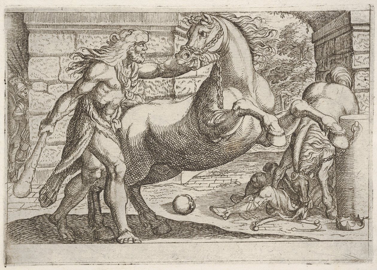Herkules ja Diomedesen tammat: Herkules tarttuu kasvatushevosen suitsiin, toinen..., 1608. tekijältä Antonio Tempesta
