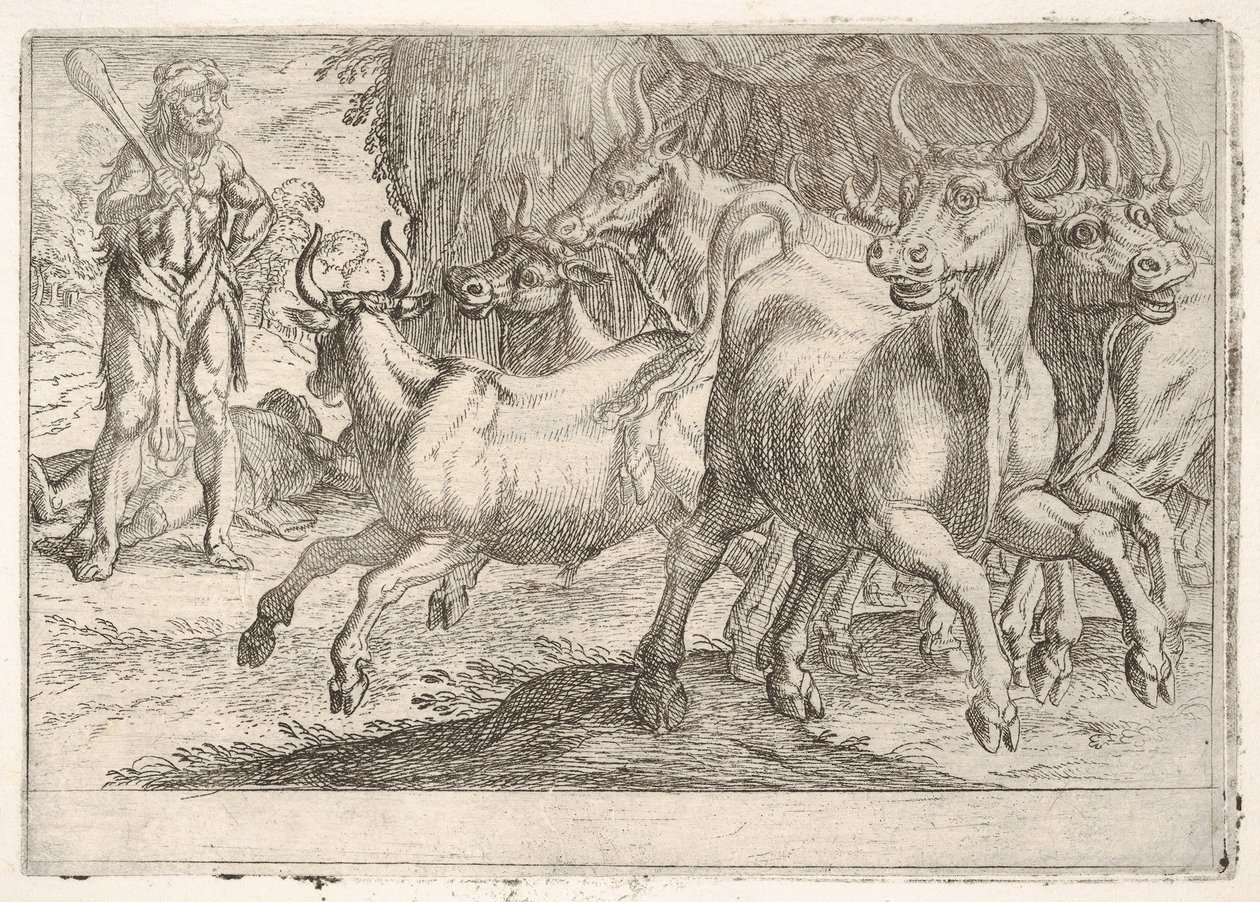 Herkules ja Geryonesin härät: oikealla kädellä nostettu nuija Herkules kohtaa..., 1608. tekijältä Antonio Tempesta