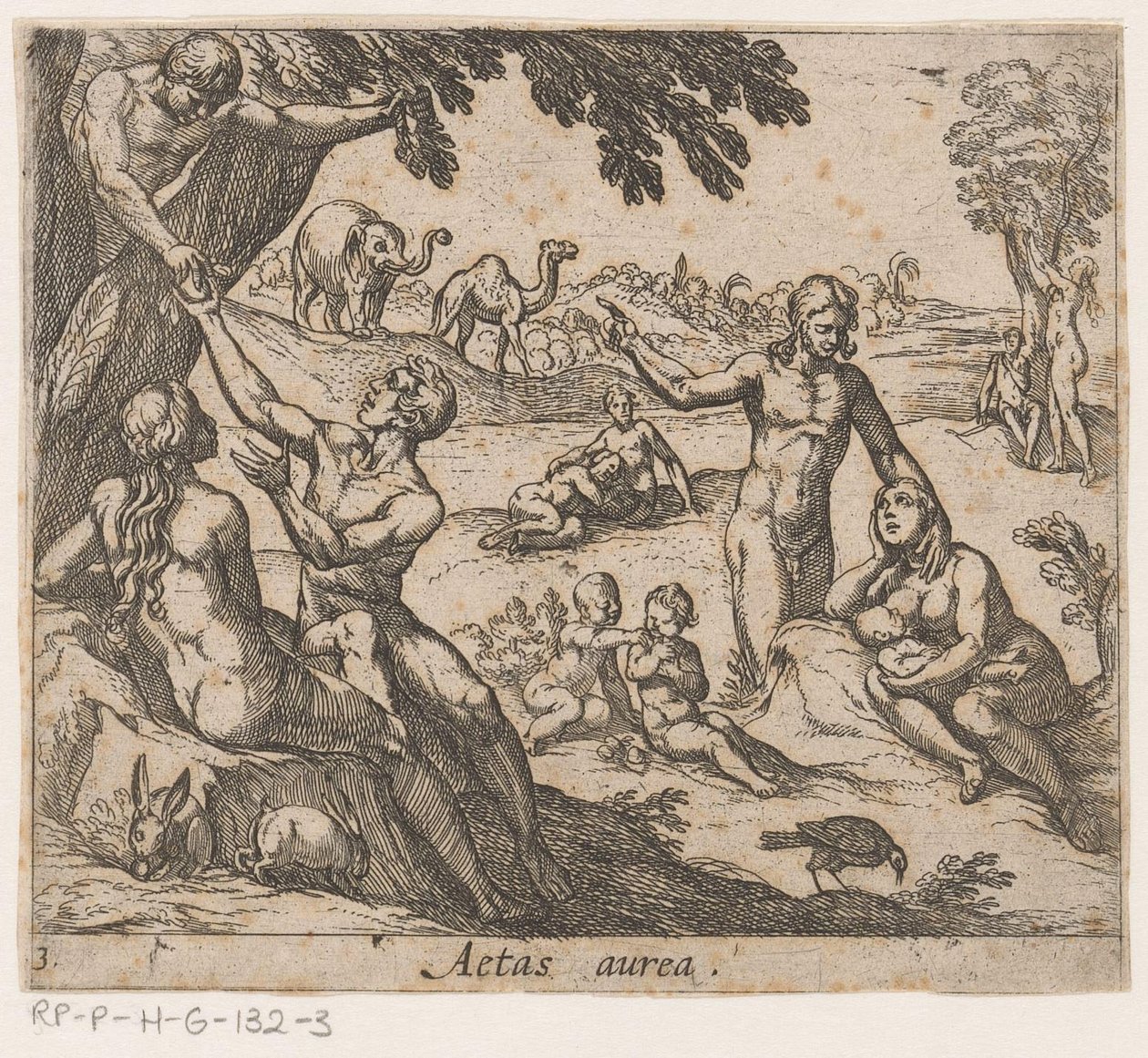 Kultainen ikä Aetas aurea (otsikko esineessä) Metamorphoseon sive transformationum (sarjan nimi) Metamorphoses of Ovid (sarjan nimi) tekijältä Antonio Tempesta