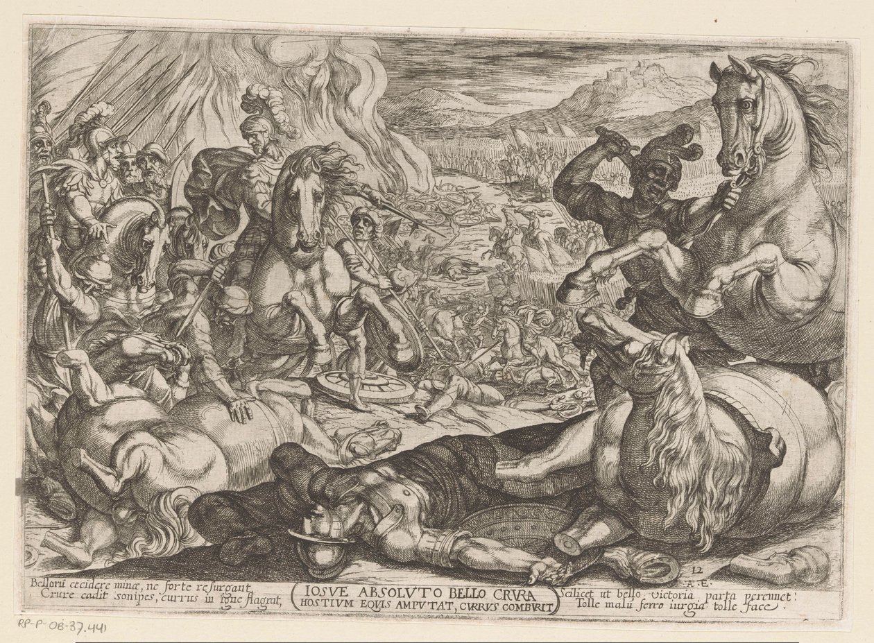 Joosua halvaannuttaa hevoset ja polttaa kansojen vaunut Iosue absoluto bello crura hostium equis equis amputat, currus comburit (otsikko esineessä) Vanhan testamentin taistelukohtaukset (sarjan nimi) tekijältä Antonio Tempesta