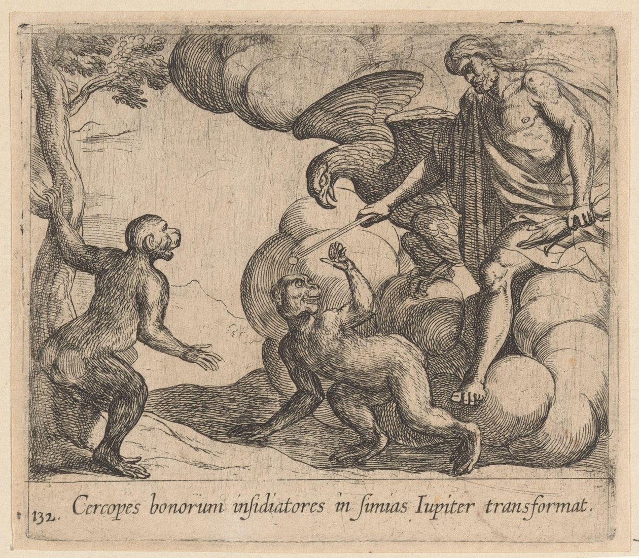 Jupiter muuttaa Cercopesin apinaksi Jupiter muuttaa hyvän piirittäjät apinoksi (otsikko esineessä) Metamorfoosi tai muunnokset (sarjan nimi) Metamorfosen van Ovidius (sarjan nimi) tekijältä Antonio Tempesta