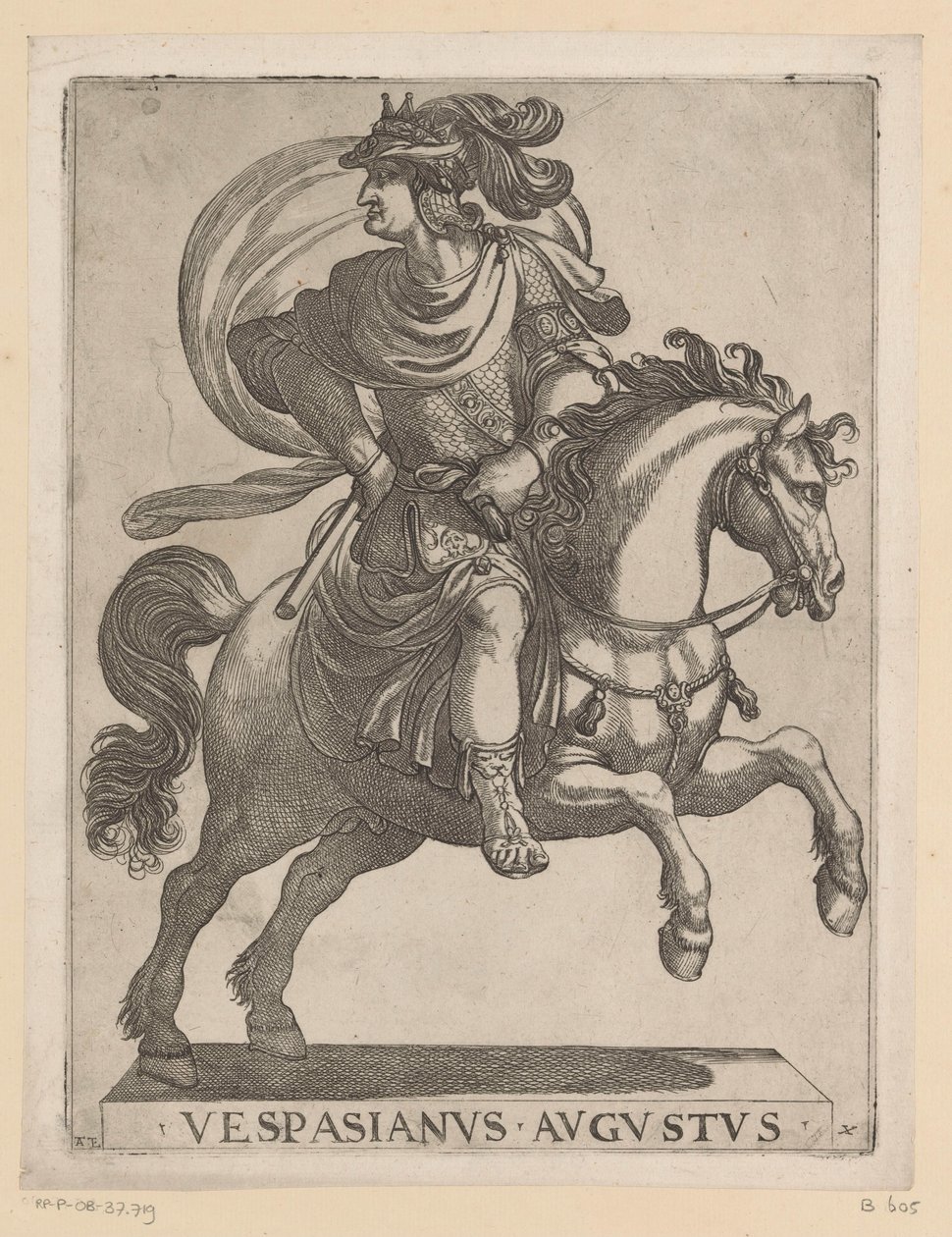 Keisari Vespasianus hevosen selässä Ensimmäiset kaksitoista Rooman keisaria hevosen selässä (sarjan nimi) XII caesares in equestri (sarjan nimi) tekijältä Antonio Tempesta
