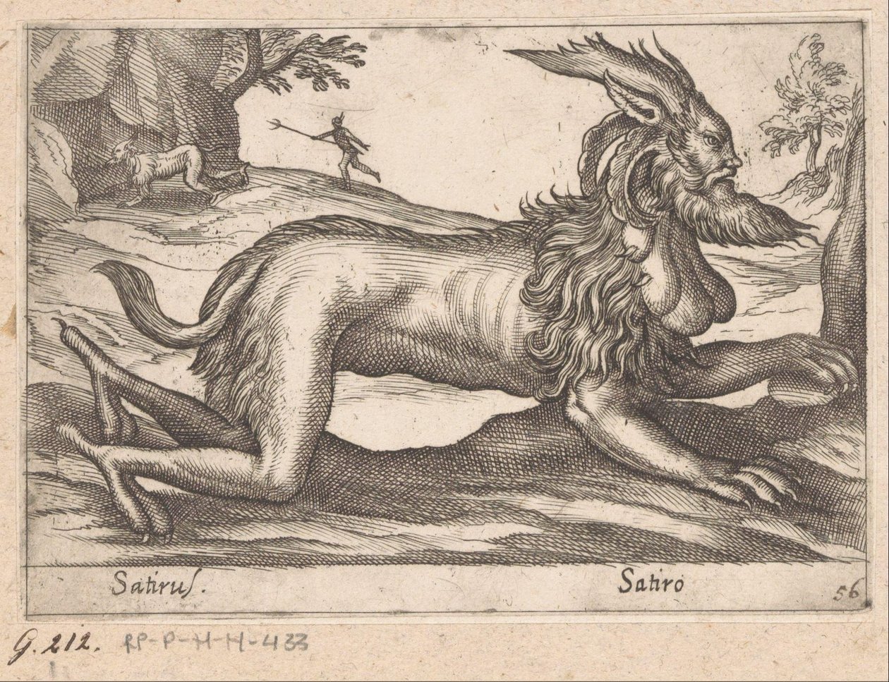 hirviömäinen olento Satirus/ Satiro (otsikko esineessä) Eläimet ja myyttiset olennot (sarjan nimi) Nova raccolta de li animali piu curiosi del mondo (sarjan nimi) tekijältä Antonio Tempesta