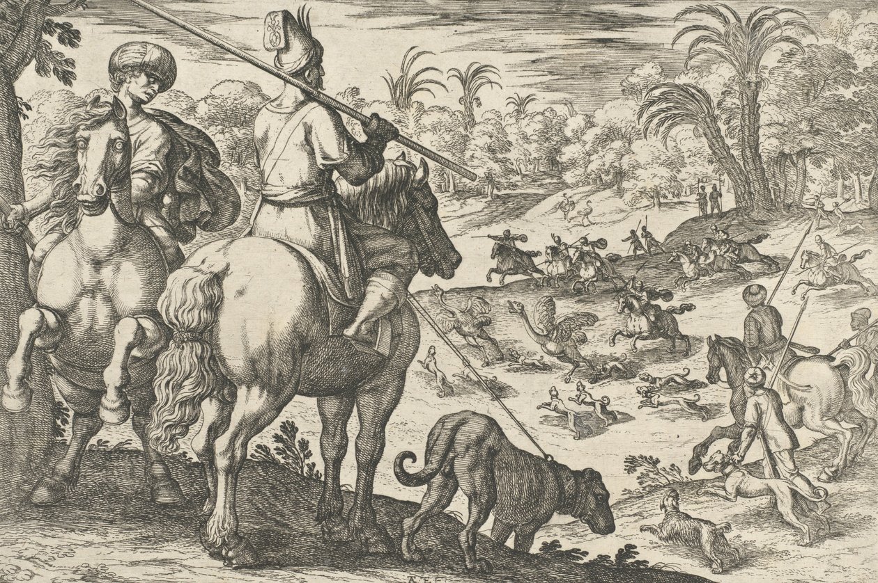 Strutsimetsästys elokuvasta "Hunting Scenes VI", 1609. tekijältä Antonio Tempesta