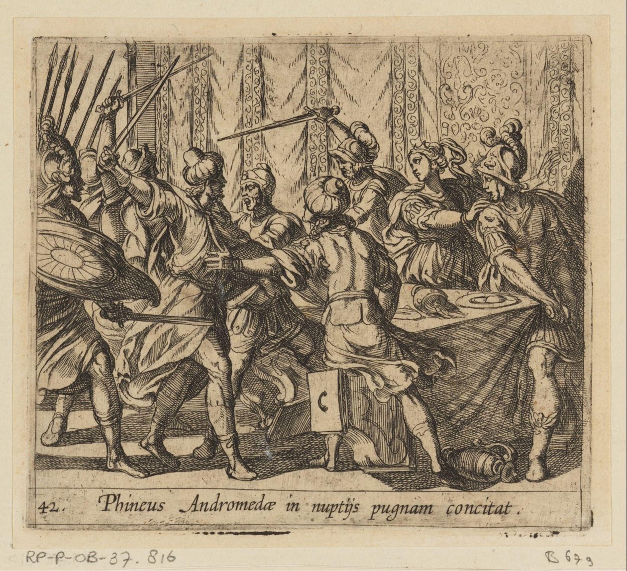 Phineus verstoort de Perseus en Andromedan häät Phineus provosoi Andromedan tappelemaan häissään (otsikko esineessä) Metamorfoosi tai muunnokset (sarjan nimi) Metamorfosen van Ovidius (sarjan nimi) tekijältä Antonio Tempesta