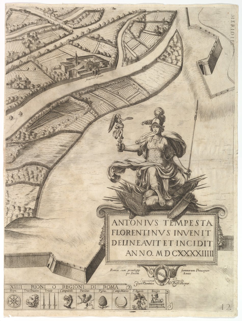 Rooman kaupungin suunnitelma. Osa 12 kaupungin lounaisrajalla ja suurella autolla..., 1645. tekijältä Antonio Tempesta