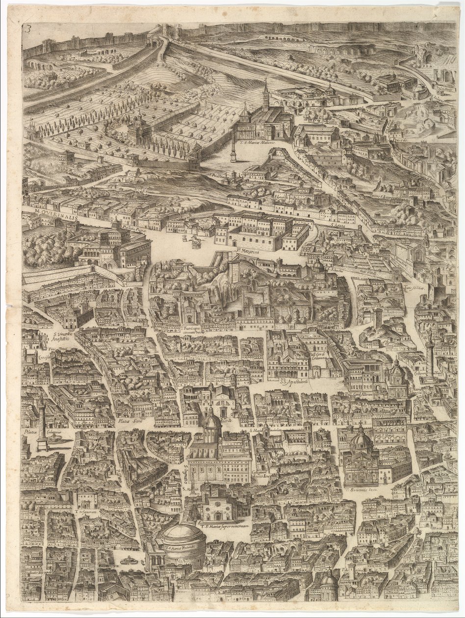Rooman kaupungin suunnitelma. Osa 3 Santa Maria Maggioren, Pantheonin ja Trajanuksen kanssa..., 1645. tekijältä Antonio Tempesta