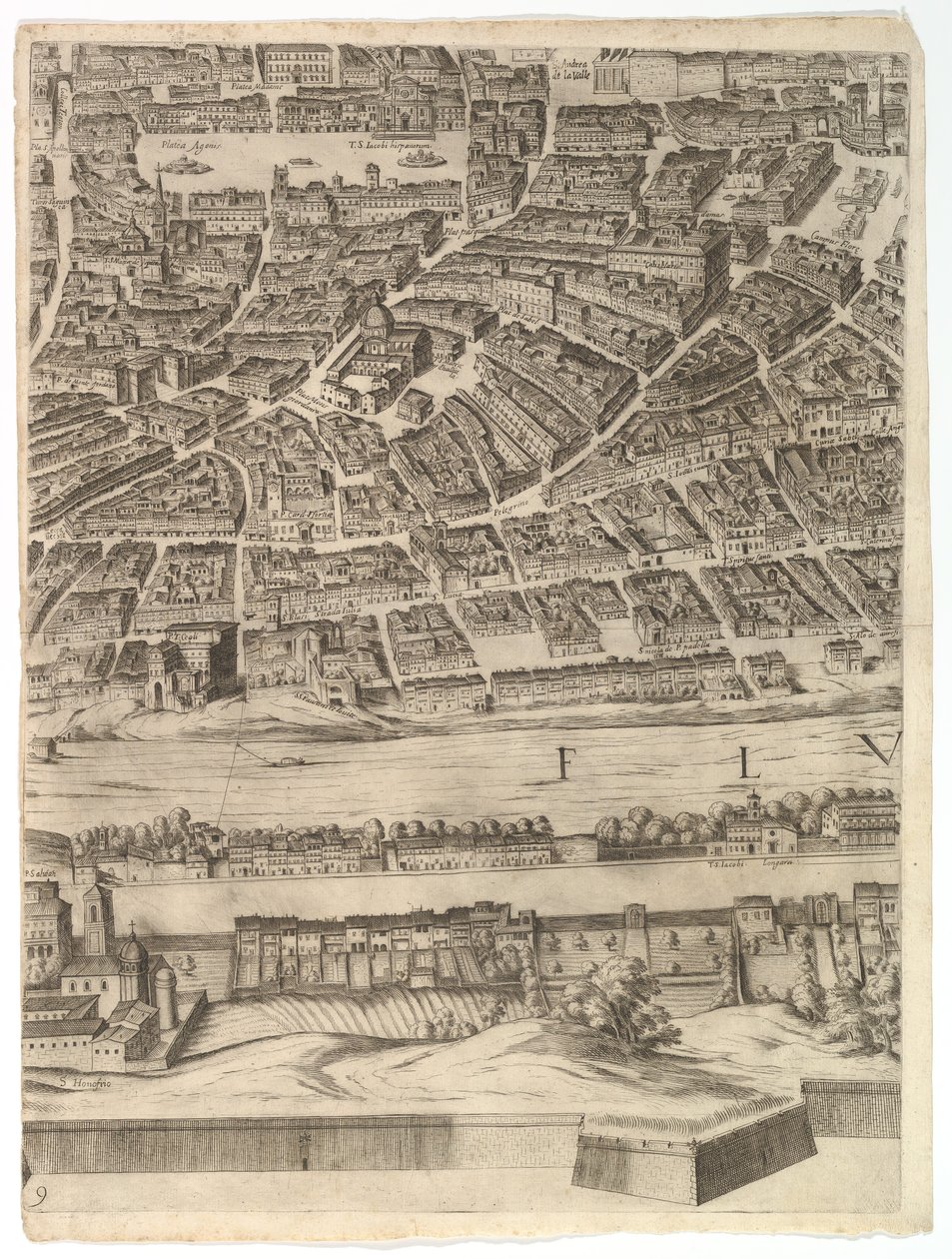 Rooman kaupungin suunnitelma: arkki 9, jossa Piazza Navona, Campo di Fiore ja Sant..., 1645. tekijältä Antonio Tempesta
