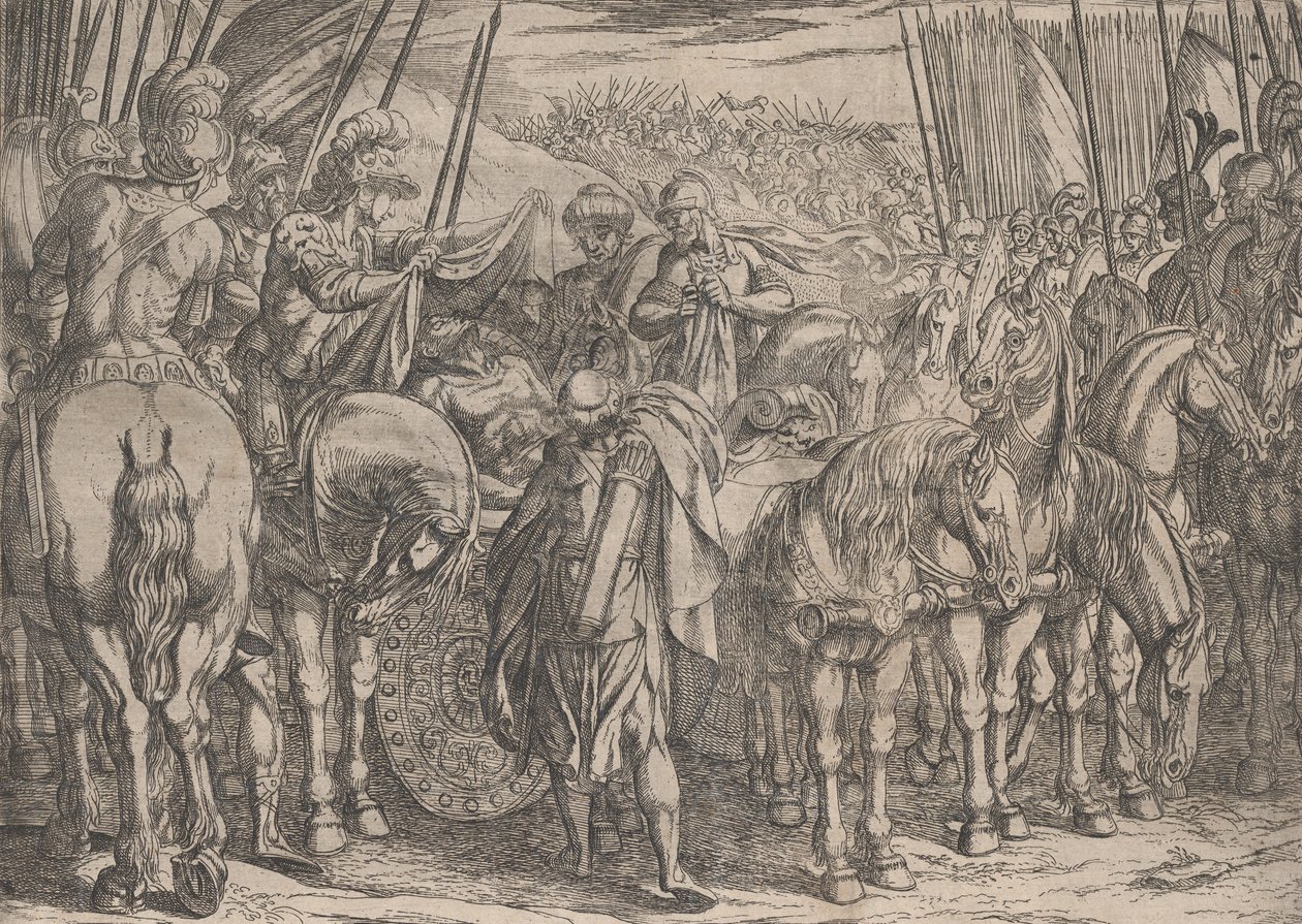 Levy 10: Aleksanteri etsii Dareioksen ruumista, Aleksanteri Suuren teoista, 1608. tekijältä Antonio Tempesta