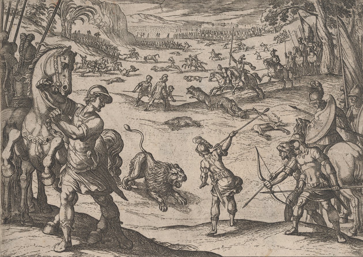 Levy 11: Aleksanterin leijonanmetsästys, Aleksanteri Suuren teoista, 1608., tekijältä Antonio Tempesta