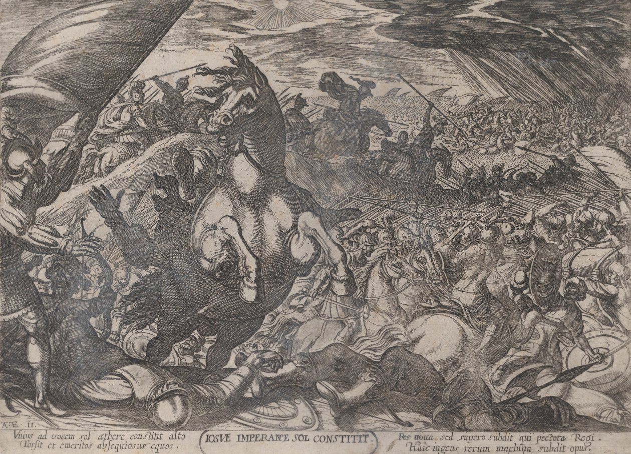 Levy 11: Joshua käskee auringon pysymään paikallaan, teoksesta The Battles of the Ol..., n. 1590-n. 1610. tekijältä Antonio Tempesta