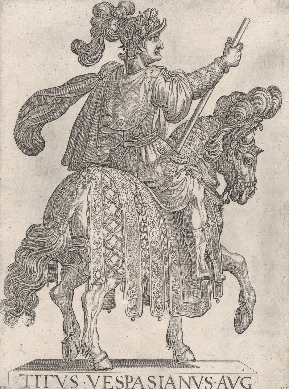 Levy 11: Titus Vespasianus hevosen selässä oikealle päin "First Two Emperors o...", 1575-1630. tekijältä Antonio Tempesta