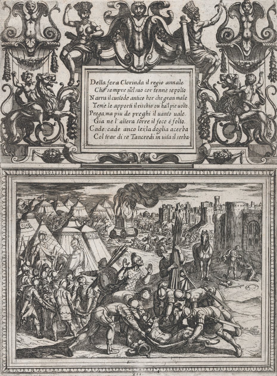 Levy 12: Kuvitus Cantoon XII, Torquato Tasson teoksesta Gerusalemme liberata ..., n. 1590-1630. tekijältä Antonio Tempesta