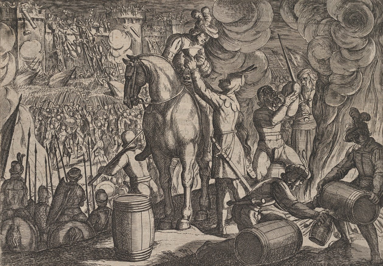Levy 13: Hyökkäys roomalaiseen linnoitukseen yöllä, Roomalaisten sota Ba..., 1611. tekijältä Antonio Tempesta