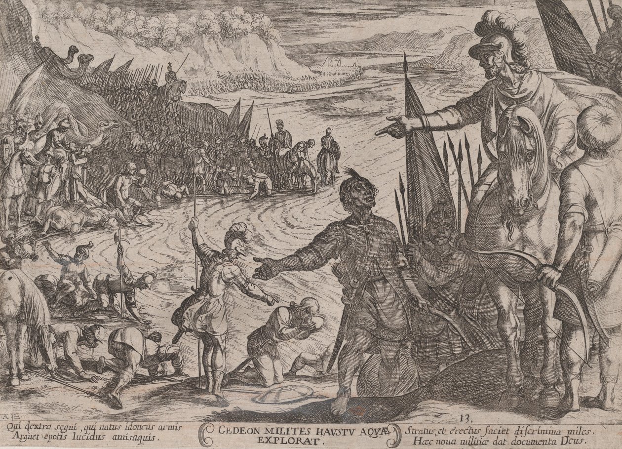 Levy 13: Gideon valitsee sotilaita, teoksesta "Vanhan testamentin taistelut...", n. 1590-n. 1610. tekijältä Antonio Tempesta