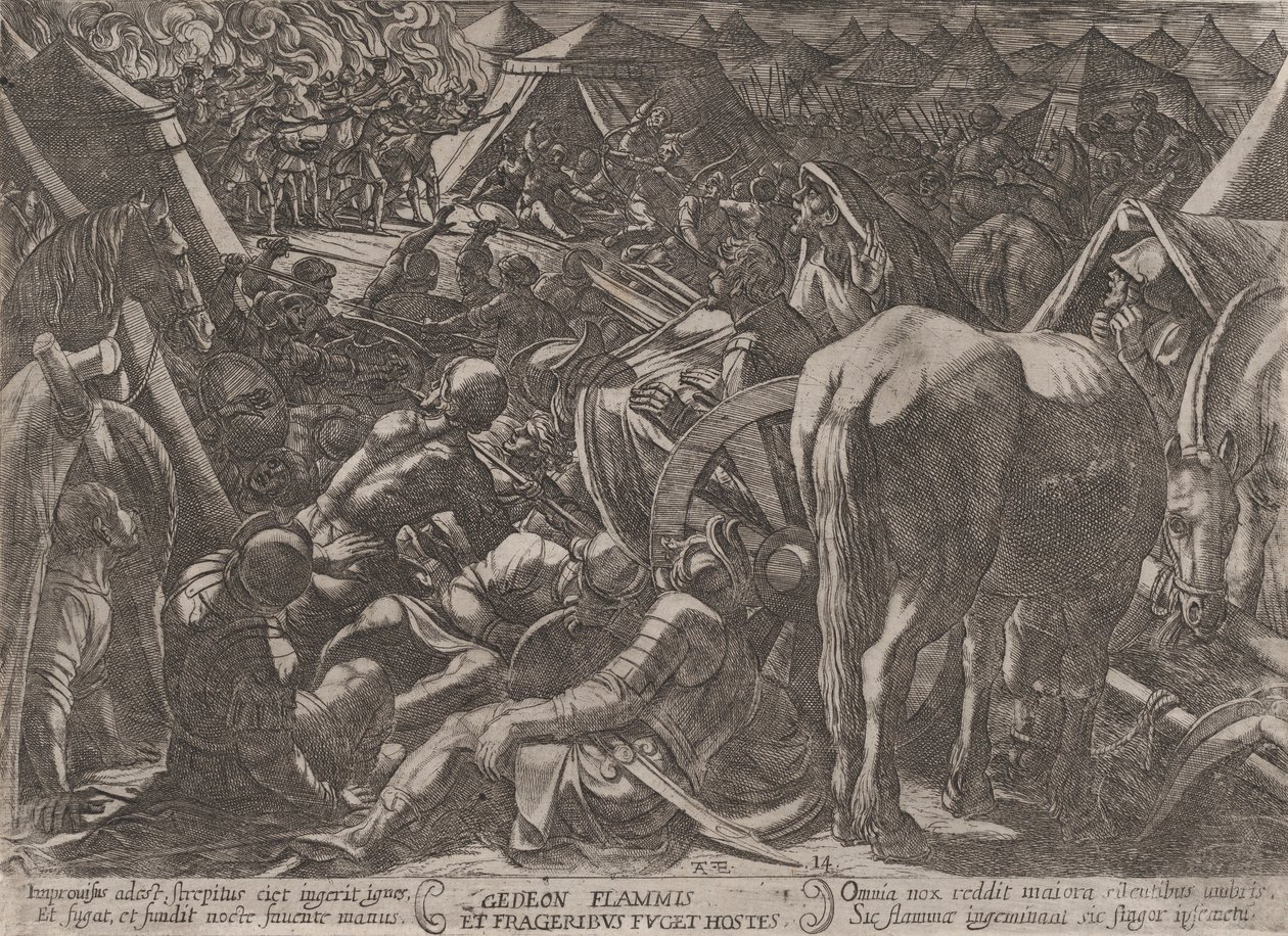 Levy 14: Gideon Terrorizing the Enemy Camp, julkaisusta "The Battles of the Old Tes...", n. 1590-n. 1610. tekijältä Antonio Tempesta