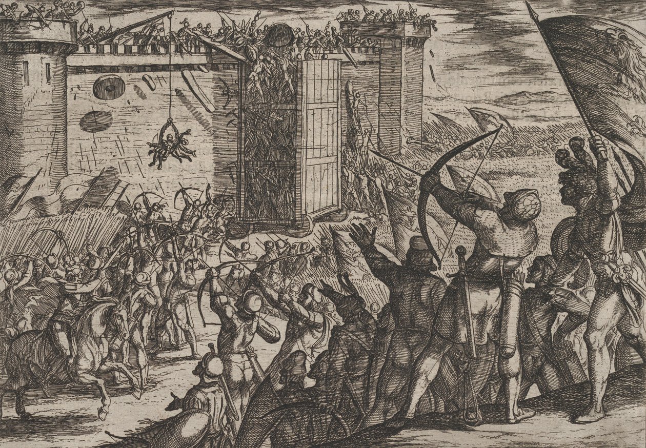 Levy 14: Uusi hyökkäys vanhaan linnoitukseen, Roomalaisten sota batavialaisia vastaan..., 1611. tekijältä Antonio Tempesta