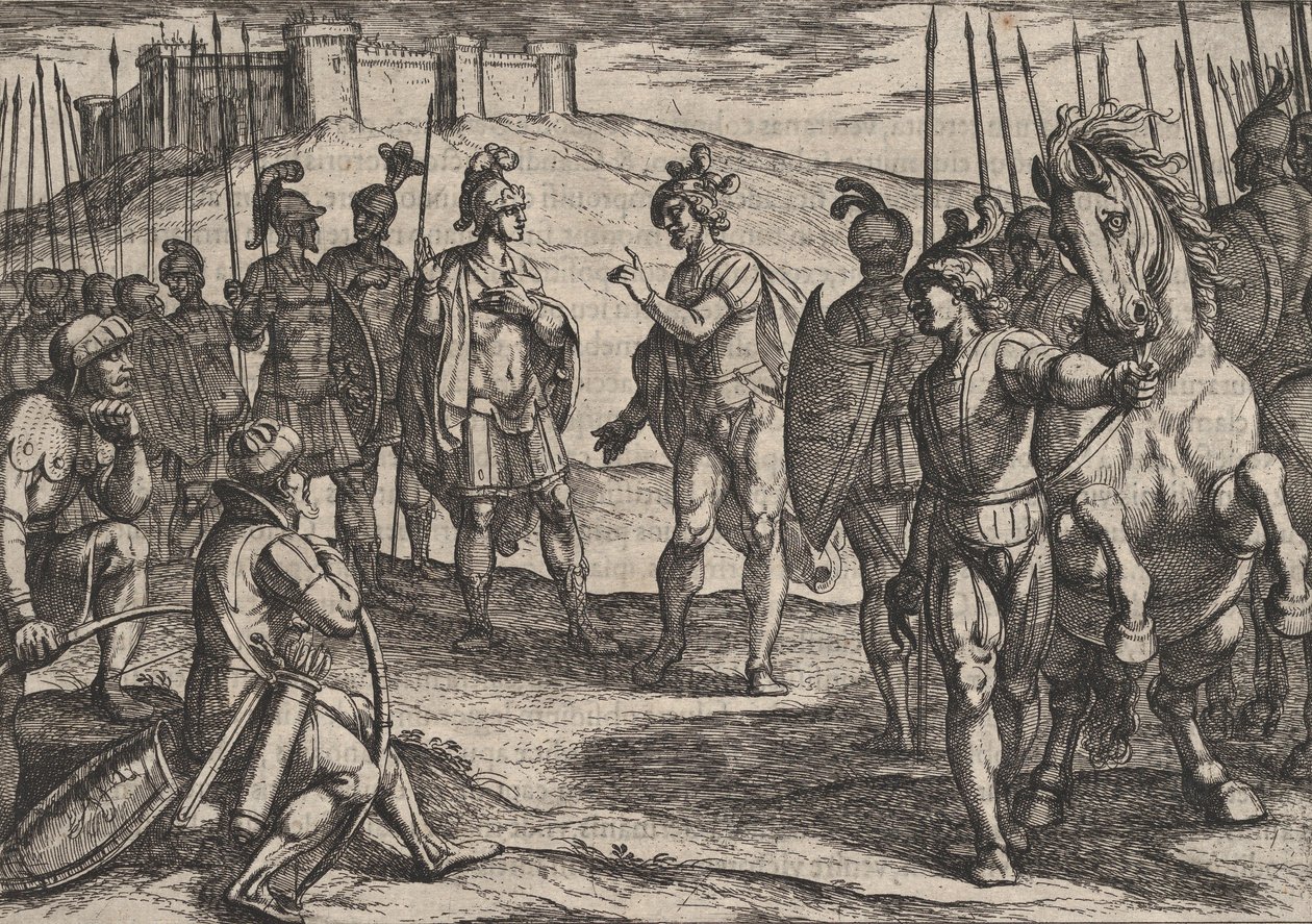 Levy 15: Civilis käsittelee roomalaisen komentajan kanssa, teoksesta The War of the Rooms Against the ..., 1611. tekijältä Antonio Tempesta