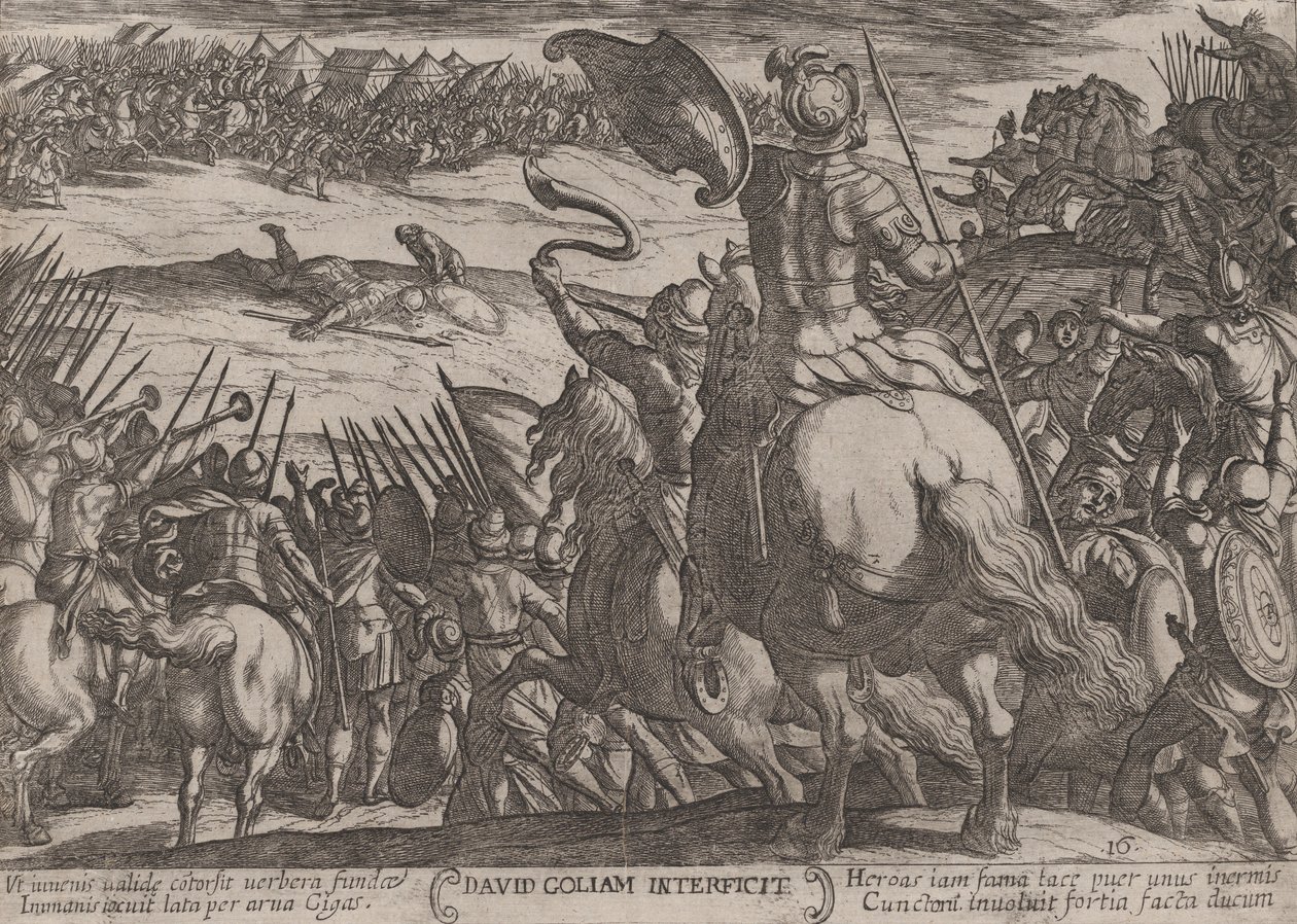 Levy 16: Daavid tappaa Goljatin, Vanhan testamentin taisteluista, noin..., n. 1590-n. 1610. tekijältä Antonio Tempesta