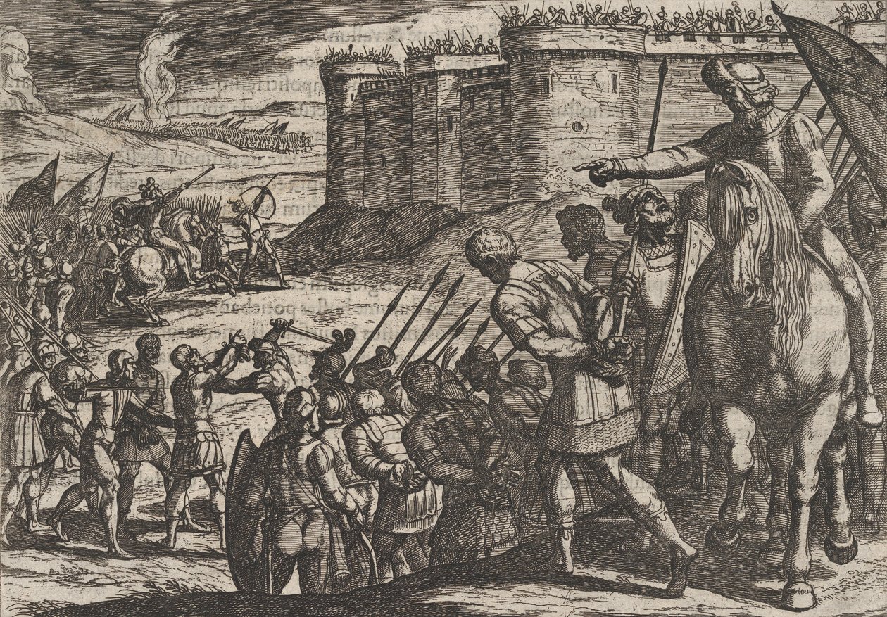 Levy 16: Roomalaiset vangit ennen vanhaa linnoitusta, teoksesta Roomalaisten sota B..., 1611. tekijältä Antonio Tempesta