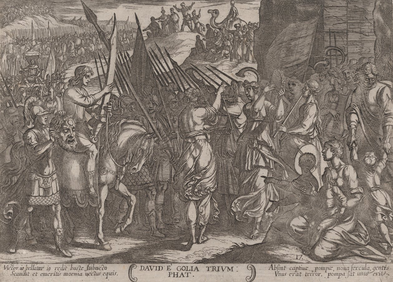 Levy 17: Daavid palaa voittoon Goljatin pään kanssa, teoksesta The Batt..., n. 1590-n. 1610. tekijältä Antonio Tempesta