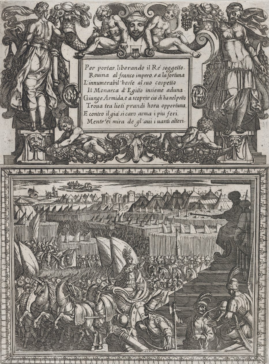 Levy 17: Kuvitus kantoon XVII, Torquato Tasson teoksesta Gerusalemme liberata ..., n. 1590-1630. tekijältä Antonio Tempesta