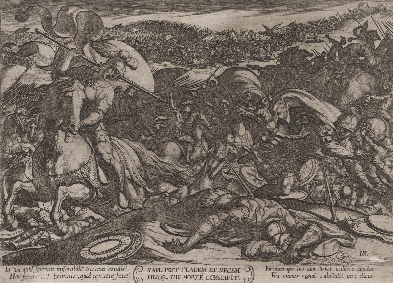 Levy 18: Saulin itsemurha filistealaisten tappion jälkeen, julkaisusta "The Battl...", n. 1590-n. 1610. tekijältä Antonio Tempesta