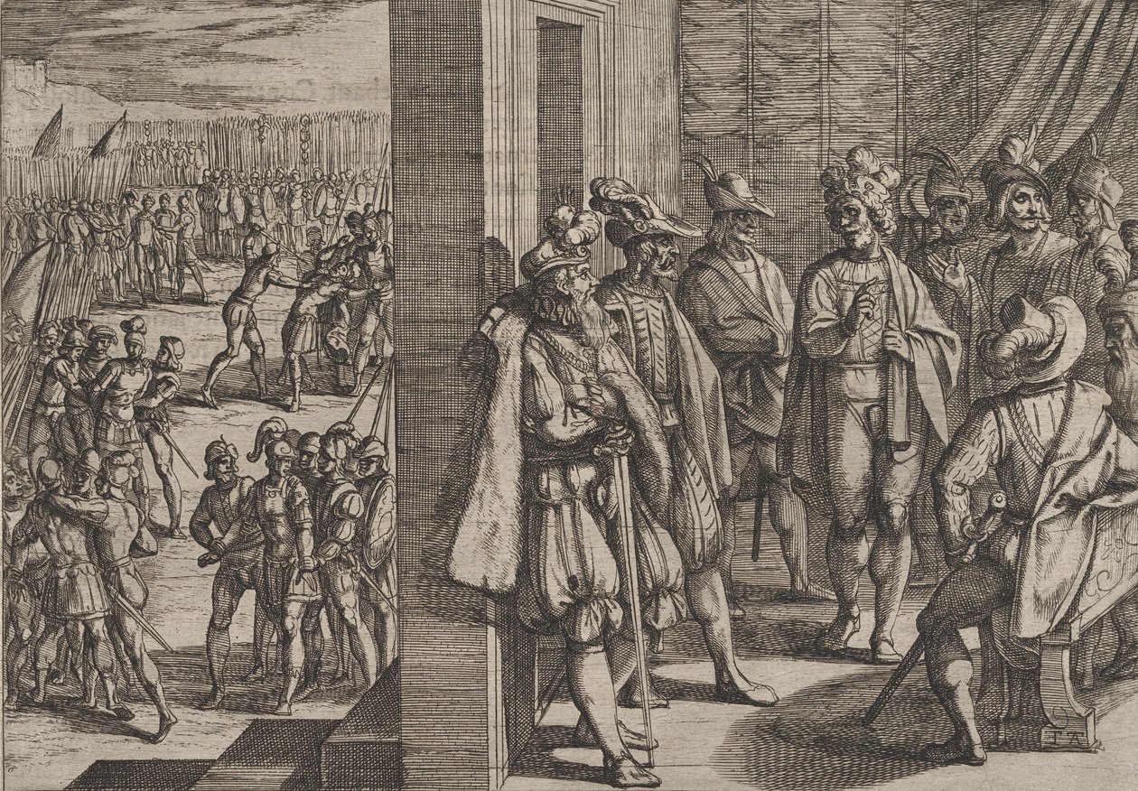 Levy 18: Civilisten salainen tapaaminen muiden johtajien kanssa Trieristä, Rooman sodasta..., 1611. tekijältä Antonio Tempesta