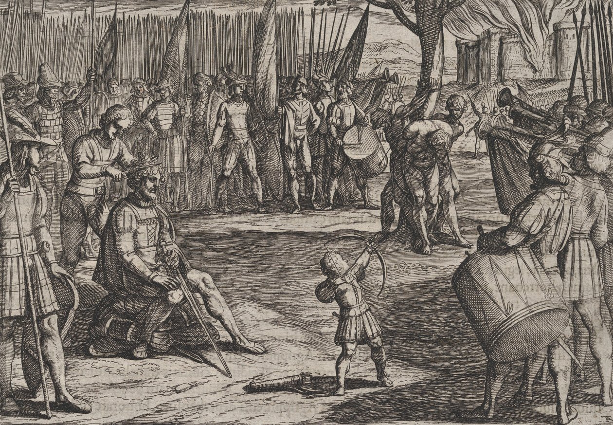 Levy 20: Civilis leikkaamassa hiuksiaan, teoksesta Roomalaisten sota batavialaisia vastaan R..., 1611. tekijältä Antonio Tempesta