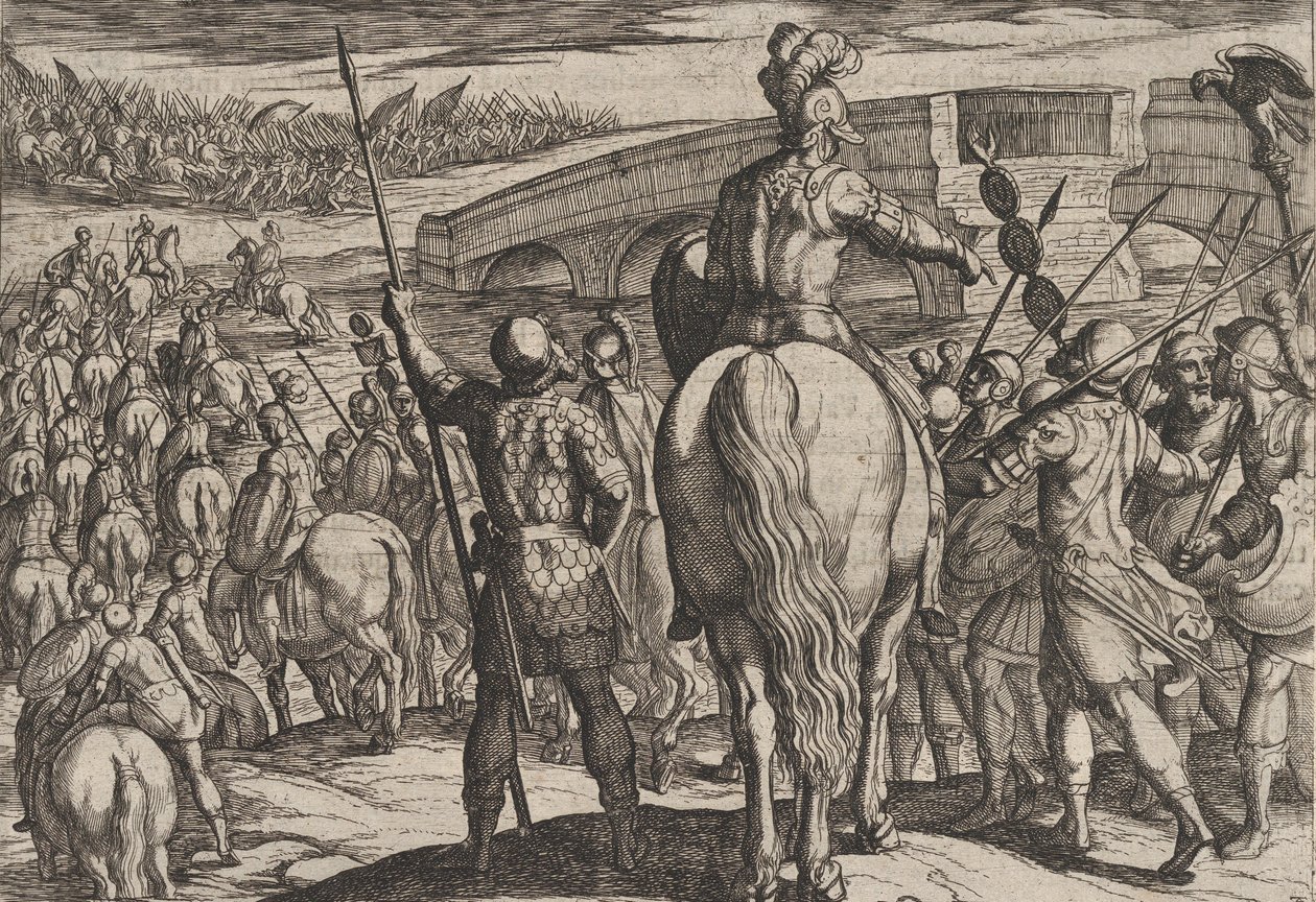 Levy 24: Uusien roomalaisten joukkojen etuvartija kääntyi takaisin, Rooman sodasta..., 1611. tekijältä Antonio Tempesta