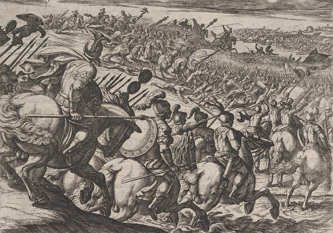 Levy 25: Rooman komentaja Cerialis hyökkää Trierin lähellä, julkaisusta The War of the Rooms Agai..., 1611. tekijältä Antonio Tempesta