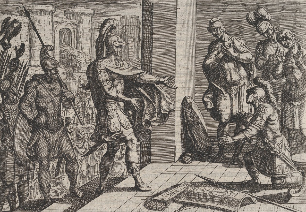 Levy 26: Cerialis armahtaa ja helpottaa roomalaisia sotilaita, jotka olivat auttaneet Civilisiä, The Wa..., 1611. tekijältä Antonio Tempesta