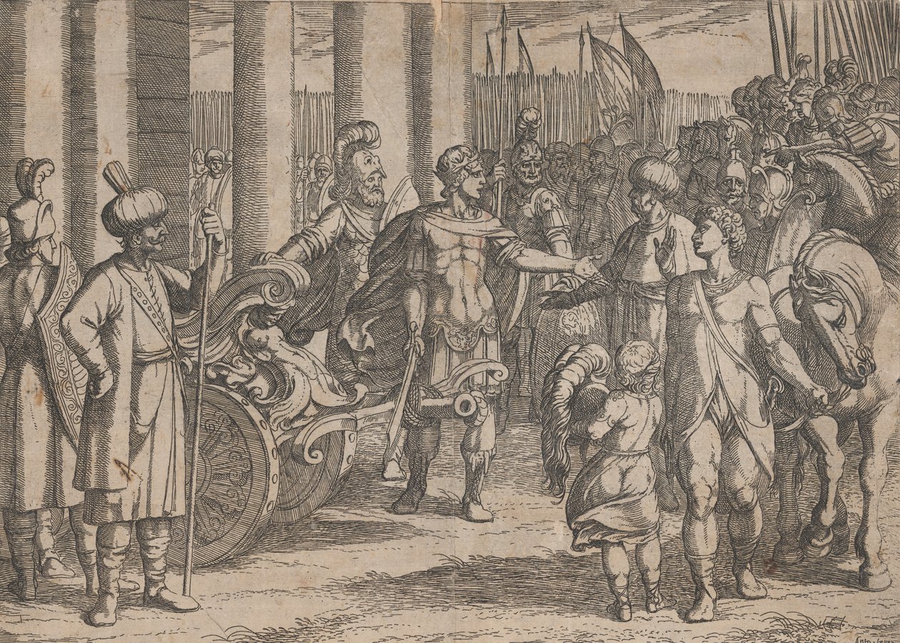 Levy 2: Aleksanteri leikkaa Gordionin solmua Aleksanteri Suuren teoista, 1608, tekijältä Antonio Tempesta